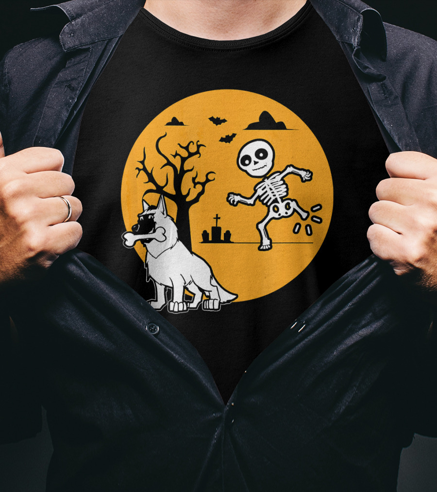 Belgian Malinois Skeleton Bone Halloween Moon Graveyard Scene T-Shirt