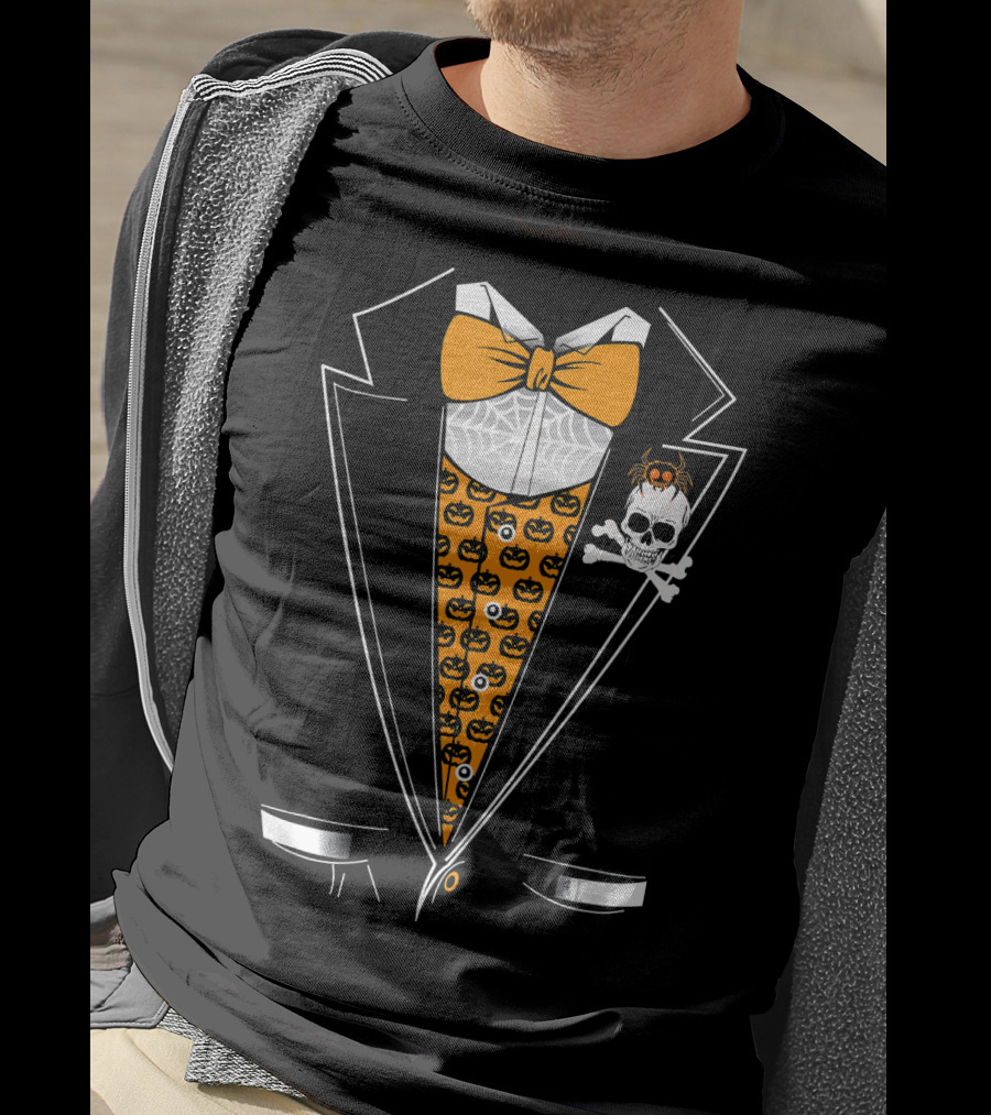 Halloween Tuxedo 3D Style Skull Pumpkin Spider Bowtie T-Shirt