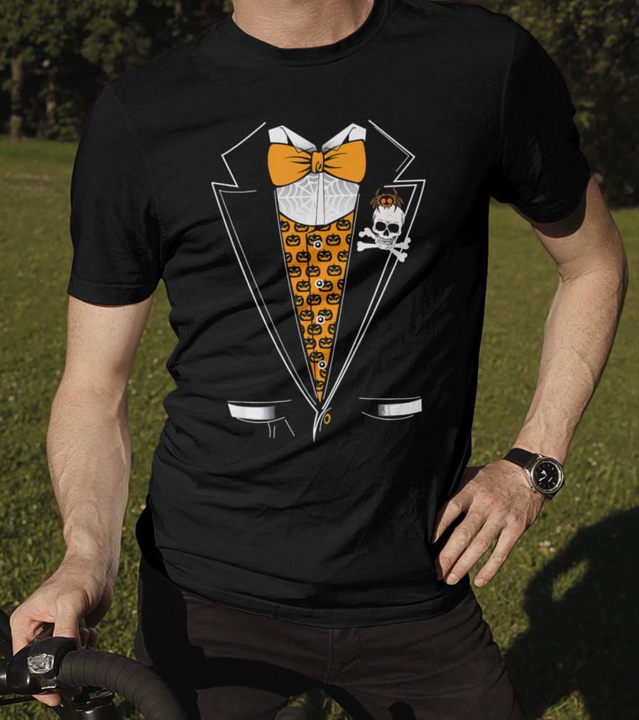 Halloween Tuxedo 3D Style Skull Pumpkin Spider Bowtie T-Shirt
