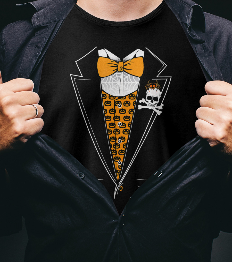 Halloween Tuxedo 3D Style Skull Pumpkin Spider Bowtie T-Shirt