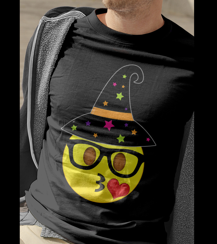 Funny Halloween Witch Hat Emoji Nerd Glasses Kissy Face T-Shirt