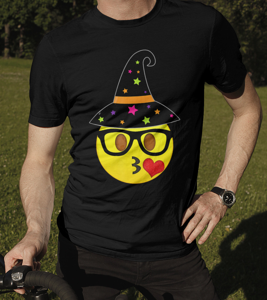 Funny Halloween Witch Hat Emoji Nerd Glasses Kissy Face T-Shirt