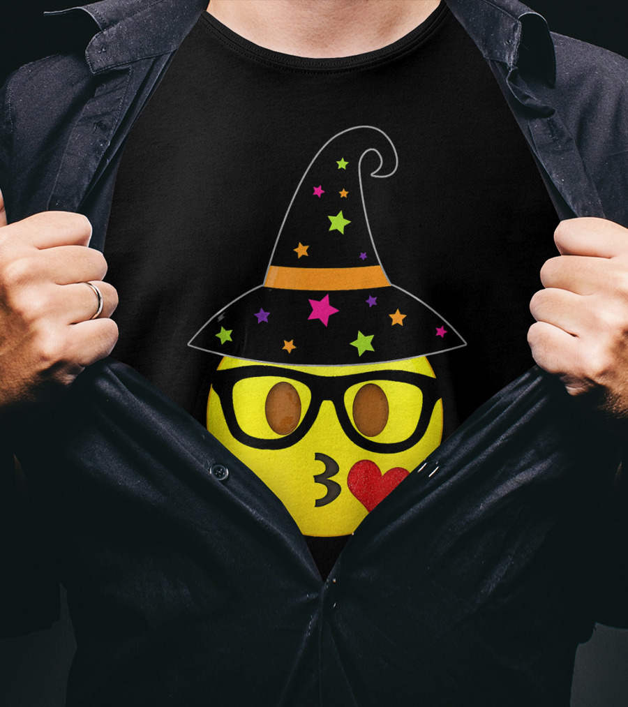 Funny Halloween Witch Hat Emoji Nerd Glasses Kissy Face T-Shirt