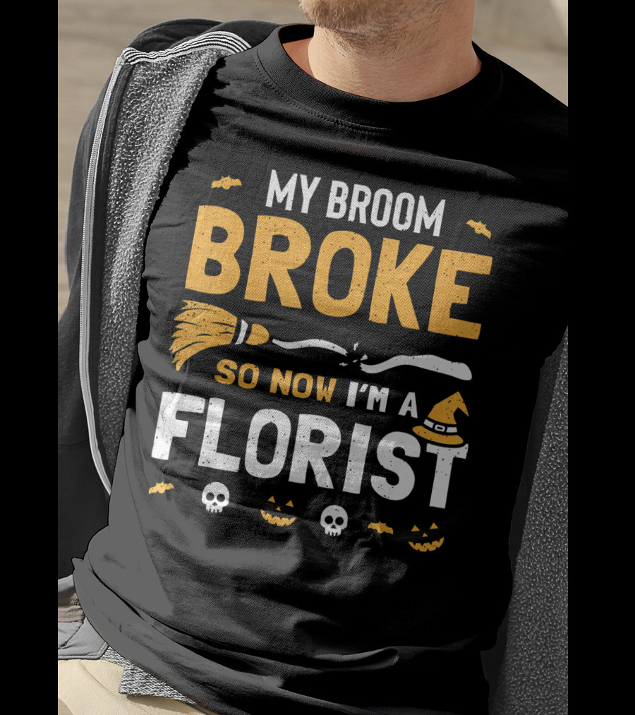 Broke Broom Halloween Florist Costume With Witch Hat And Pumpkins T-Shirt