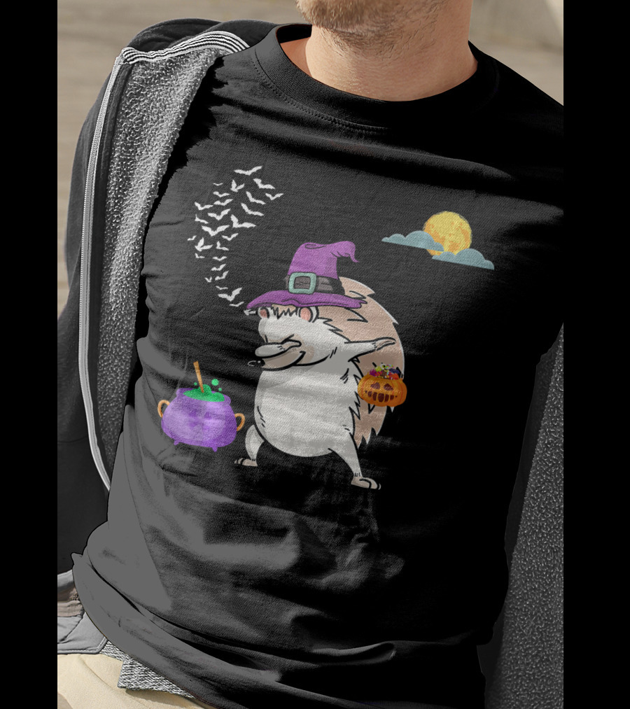 Dabbing Hedgehog Witch Halloween Costume With Cauldron Moon And Pumpkin Candy Bucket T-Shirt