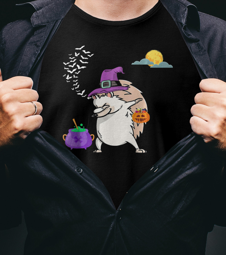 Dabbing Hedgehog Witch Halloween Costume With Cauldron Moon And Pumpkin Candy Bucket T-Shirt