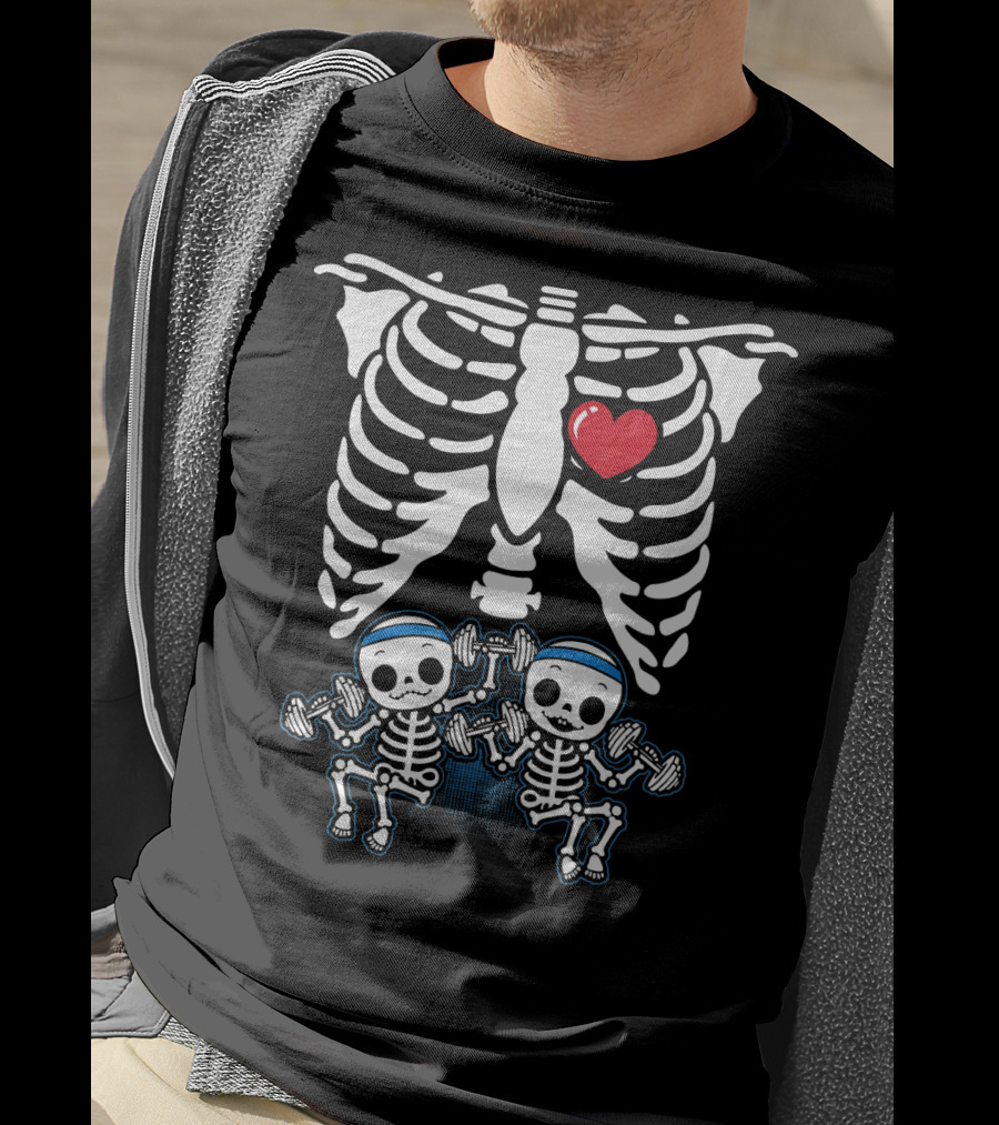 Funny Pregnant Mom Twins Babies Skeleton Rib Cage Heart T-Shirt
