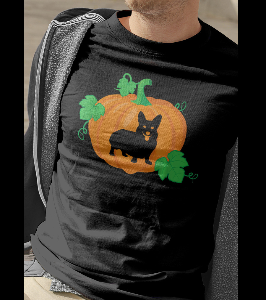 Corgi Dog Pumpkin Halloween Silhouette With Leaves T-Shirt