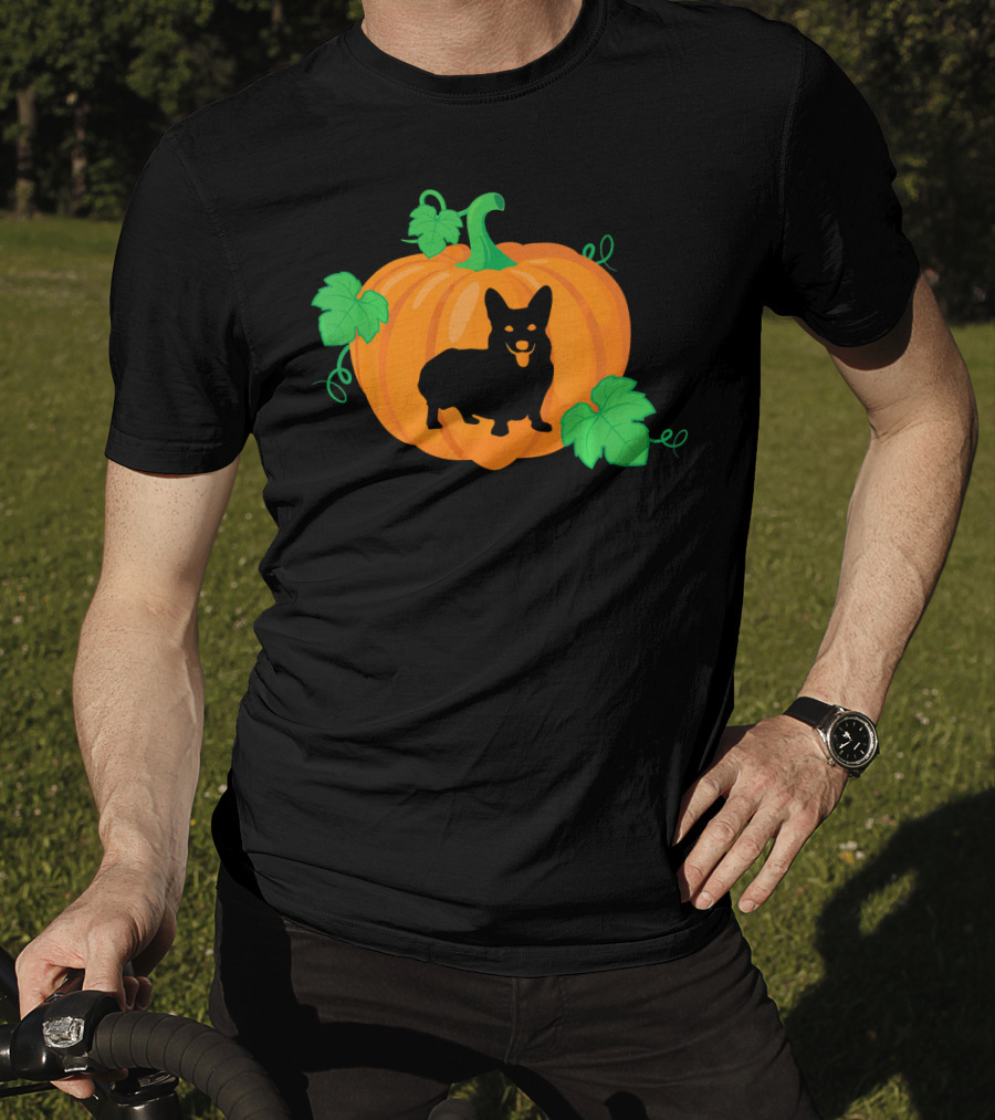 Corgi Dog Pumpkin Halloween Silhouette With Leaves T-Shirt