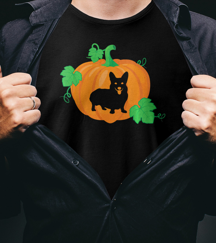 Corgi Dog Pumpkin Halloween Silhouette With Leaves T-Shirt