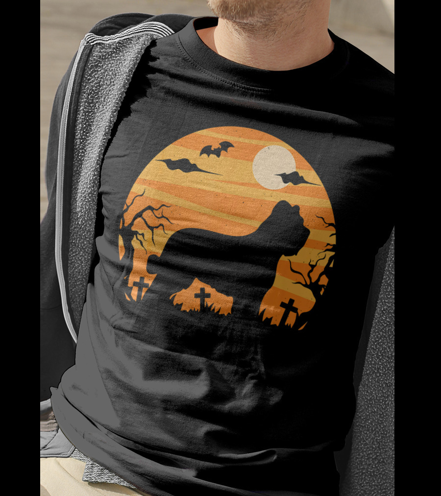 Briard Dog Halloween Moonlit Graveyard Scene T-Shirt