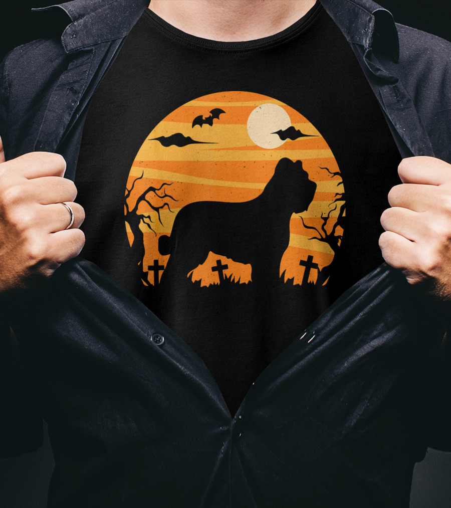 Briard Dog Halloween Moonlit Graveyard Scene T-Shirt