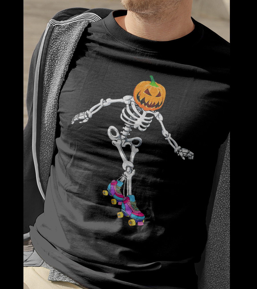 Halloween Skeleton Pumpkin Head Roller Skater T-Shirt