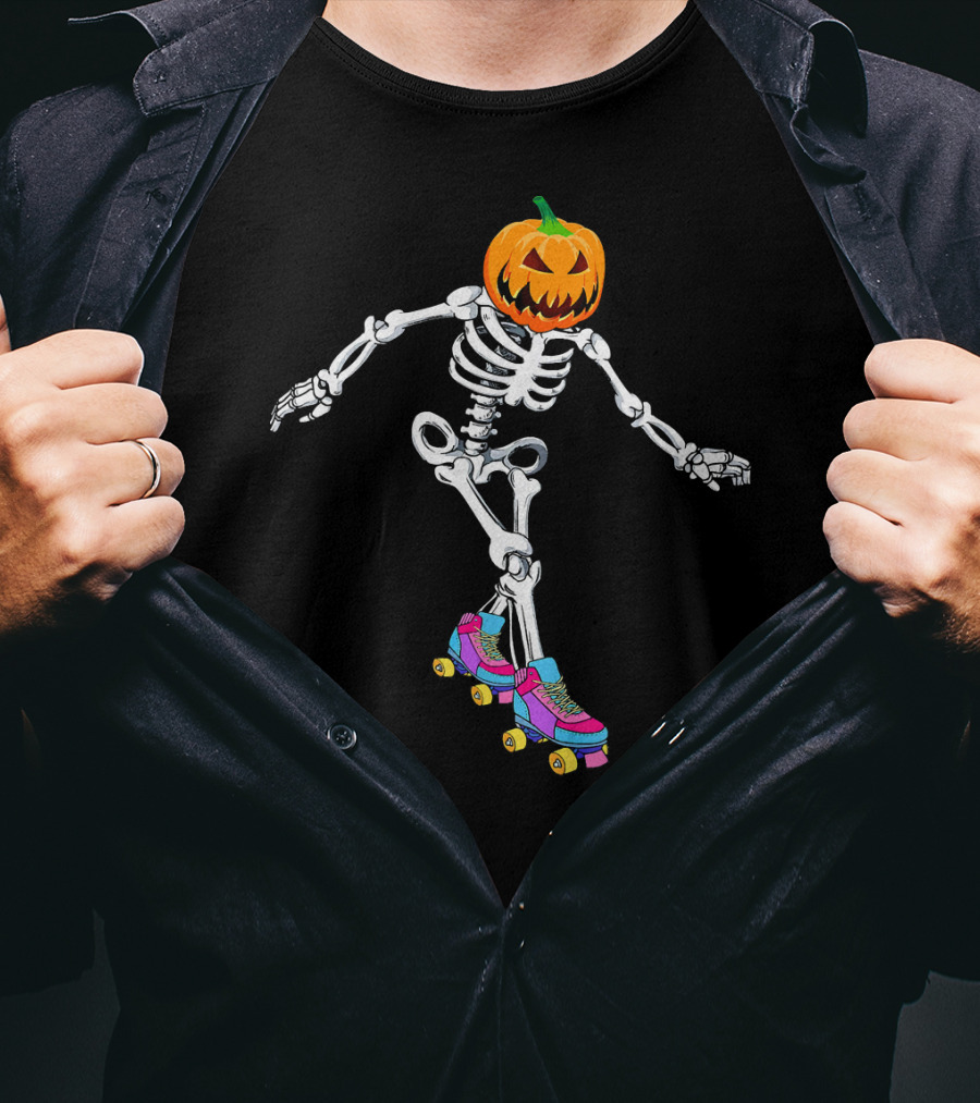 Halloween Skeleton Pumpkin Head Roller Skater T-Shirt