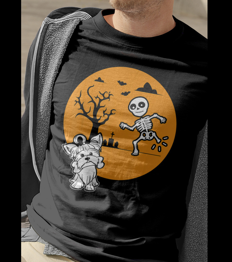 Yorkshire Terrier Halloween Costume Skeleton Dance Moon Bat Graveyard T-Shirt