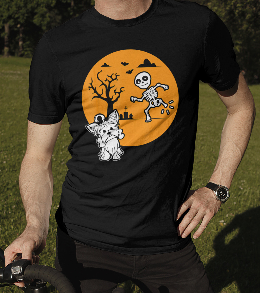 Yorkshire Terrier Halloween Costume Skeleton Dance Moon Bat Graveyard T-Shirt