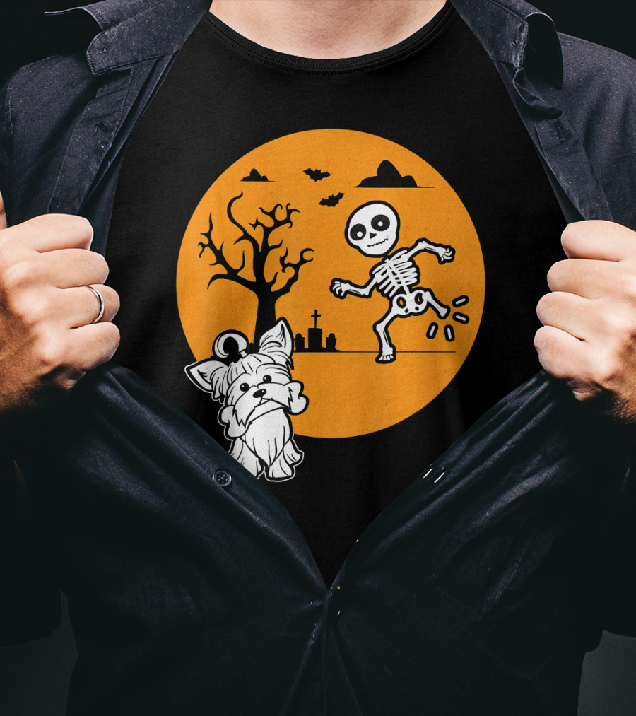Yorkshire Terrier Halloween Costume Skeleton Dance Moon Bat Graveyard T-Shirt