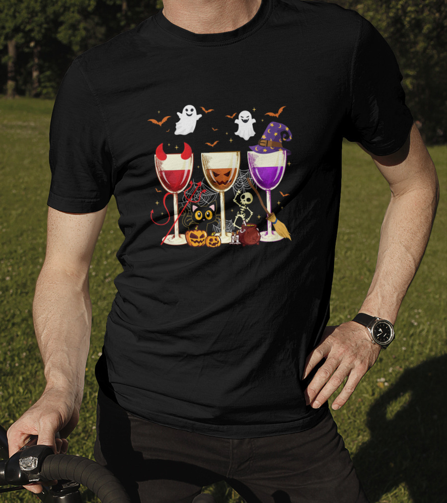 Halloween Wine Glasses Ghosts Pumpkins Bats Cat Skeleton Witches Hat T-Shirt