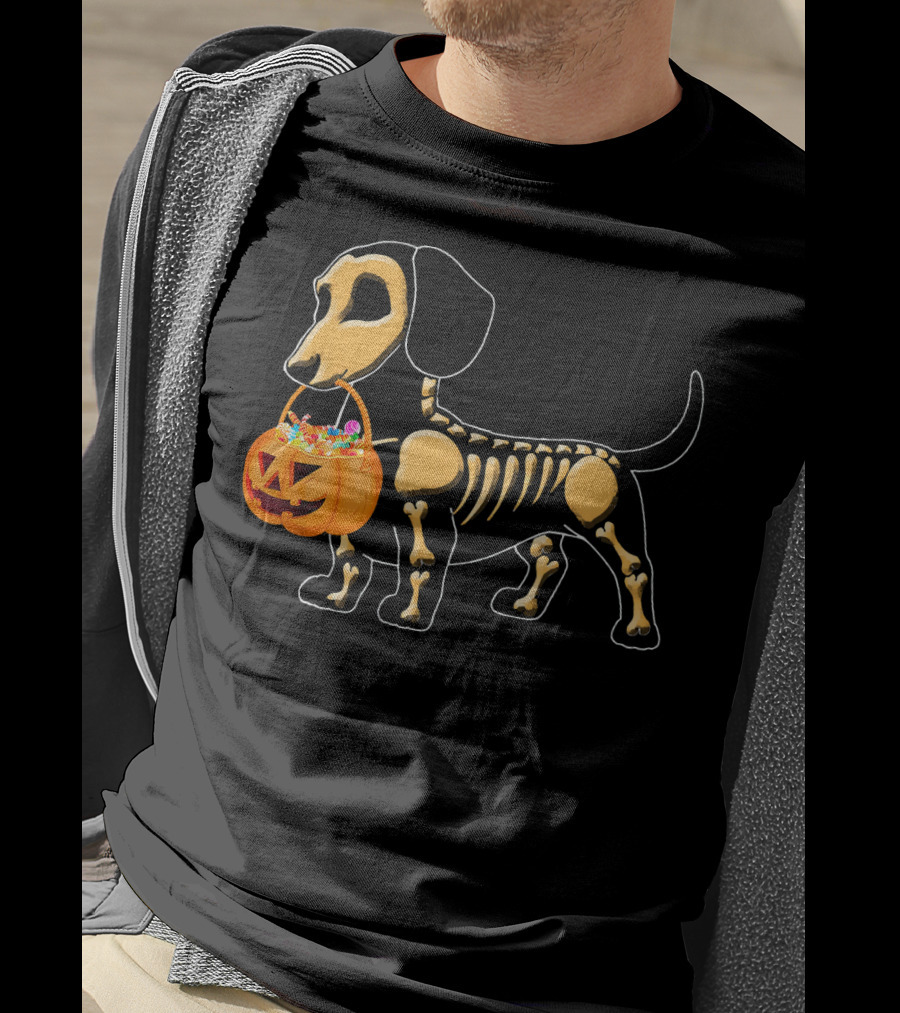 Happy Halloween Funny Dachshund Pumpkin Dog Skeleton Candy T-Shirt