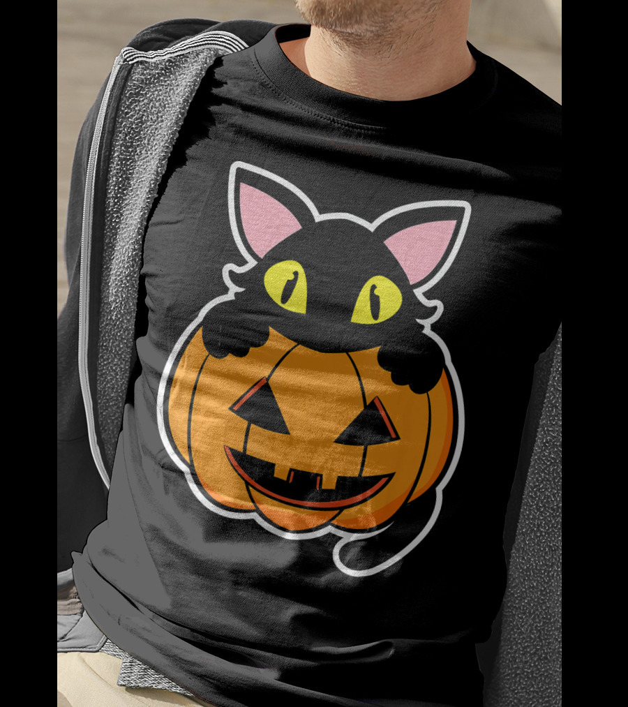 Black Cat Peeking Over Pumpkin Funny Scary Happy Halloween T-Shirt