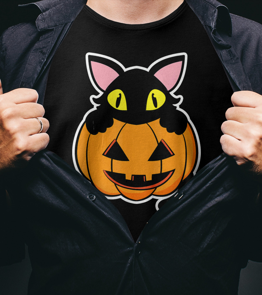 Black Cat Peeking Over Pumpkin Funny Scary Happy Halloween T-Shirt