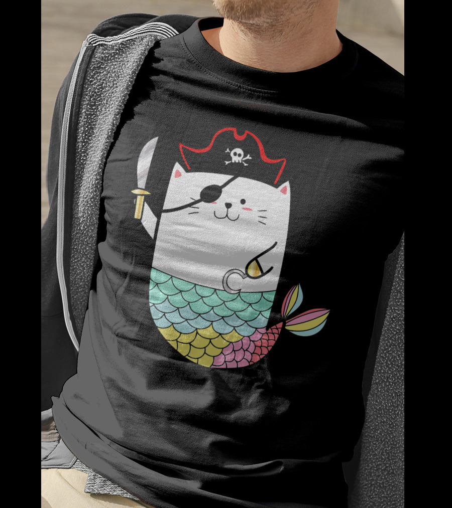 Halloween Mermaid Pirate Cat With Eye Patch And Sword T-Shirt