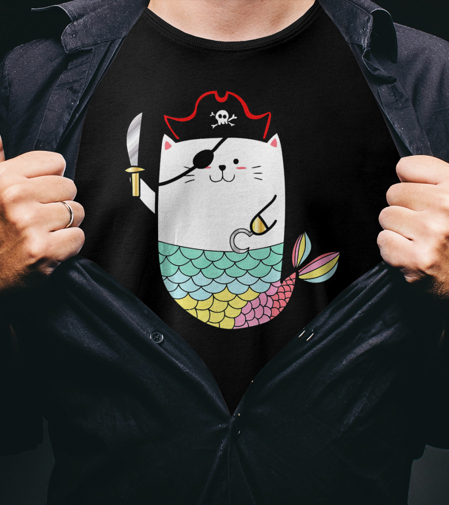 Halloween Mermaid Pirate Cat With Eye Patch And Sword T-Shirt