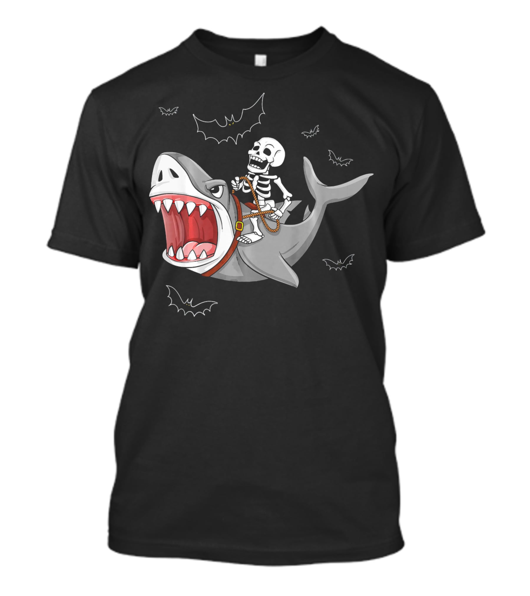 Skeleton Riding Shark Funny Halloween Bat T-Shirt
