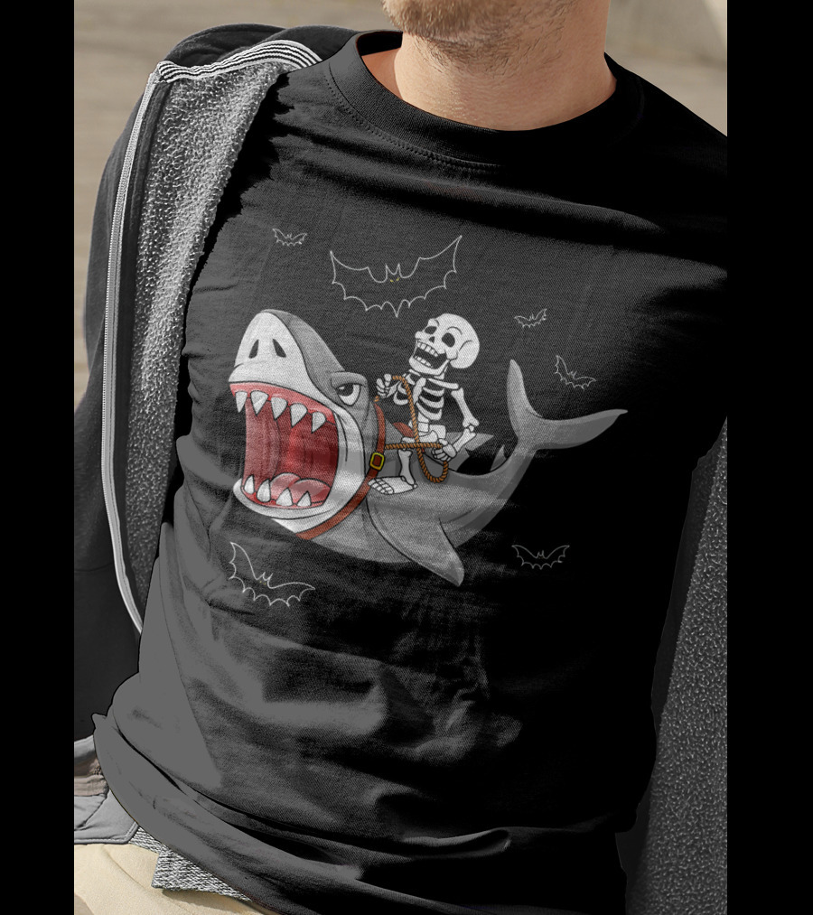 Skeleton Riding Shark Funny Halloween Bat T-Shirt