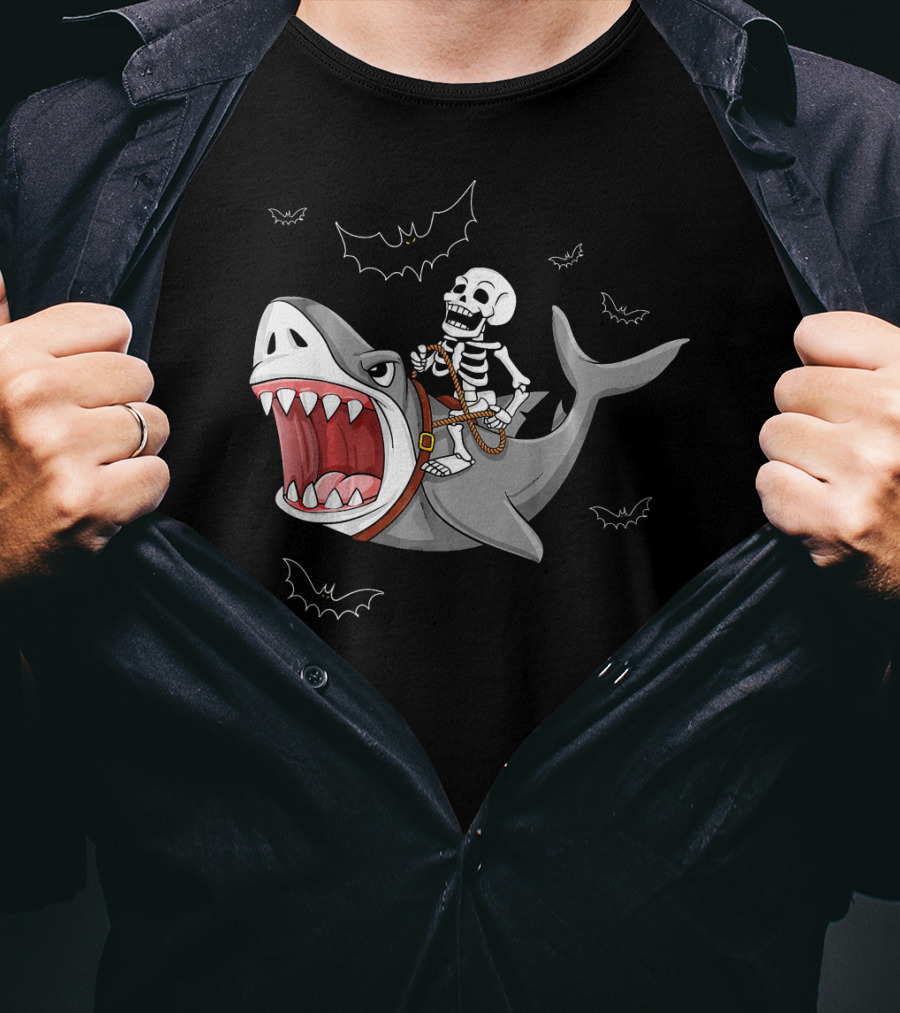 Skeleton Riding Shark Funny Halloween Bat T-Shirt