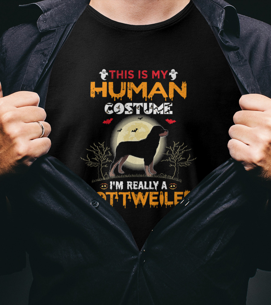 This Is My Human Costume I'm Really A Rottweiler Halloween Ghosts Bats Moon Trees T-Shirt