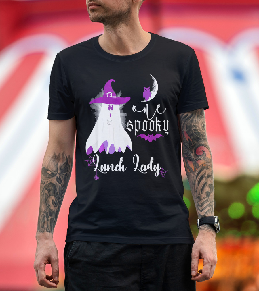 One Spooky Lunch Lady Halloween Ghost with Purple Bat and Moon T-Shirt