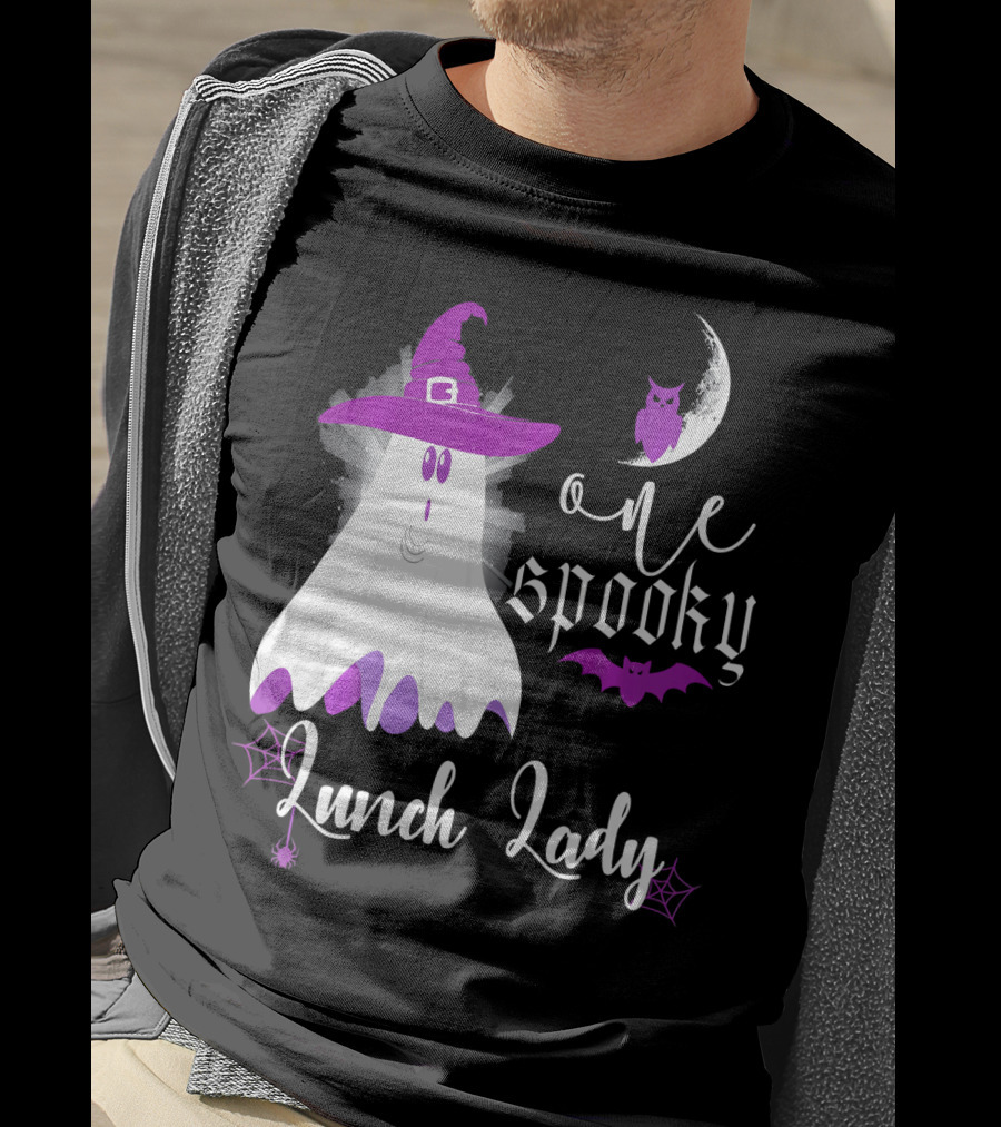 One Spooky Lunch Lady Halloween Ghost With Purple Bat And Moon T-Shirt