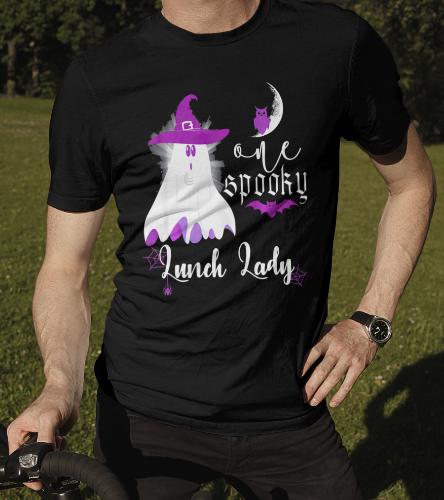 One Spooky Lunch Lady Halloween Ghost With Purple Bat And Moon T-Shirt