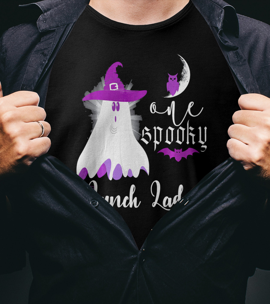 One Spooky Lunch Lady Halloween Ghost With Purple Bat And Moon T-Shirt