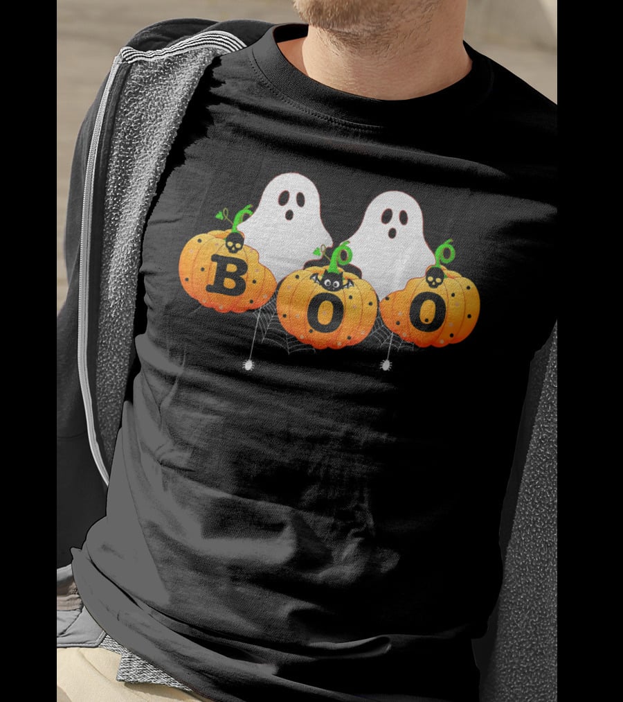 Boo Halloween Ghosts With Spiders And Pumpkins T-Shirt