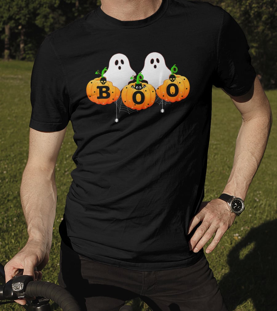 Boo Halloween Ghosts With Spiders And Pumpkins T-Shirt