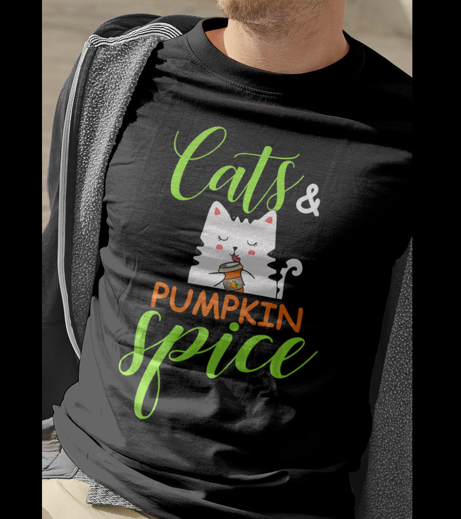 Cats And Pumpkin Spice Fall Autumn Cozy Cat With Coffee Cup T-Shirt