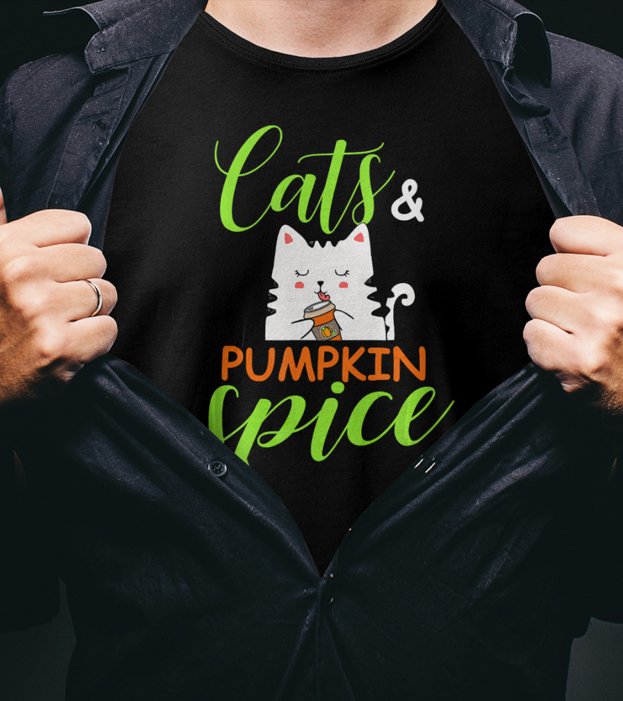 Cats And Pumpkin Spice Fall Autumn Cozy Cat With Coffee Cup T-Shirt