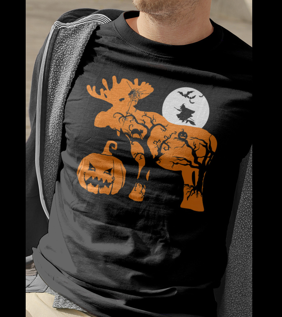 Witch Bat Moon Pumpkin Moose With Spider Web T-Shirt