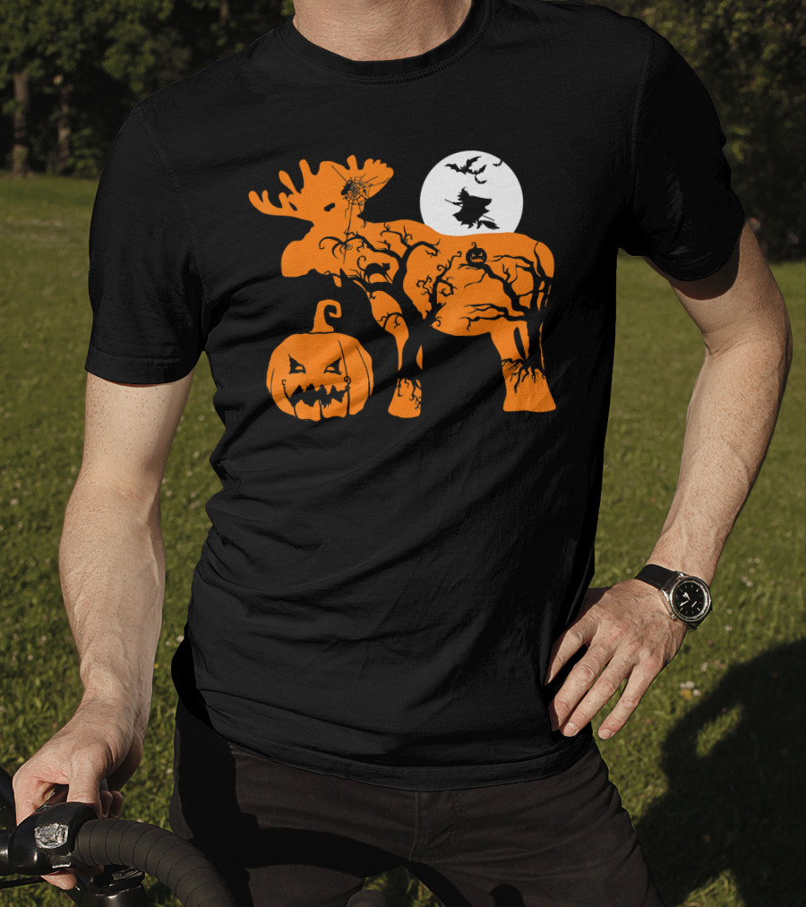 Witch Bat Moon Pumpkin Moose With Spider Web T-Shirt
