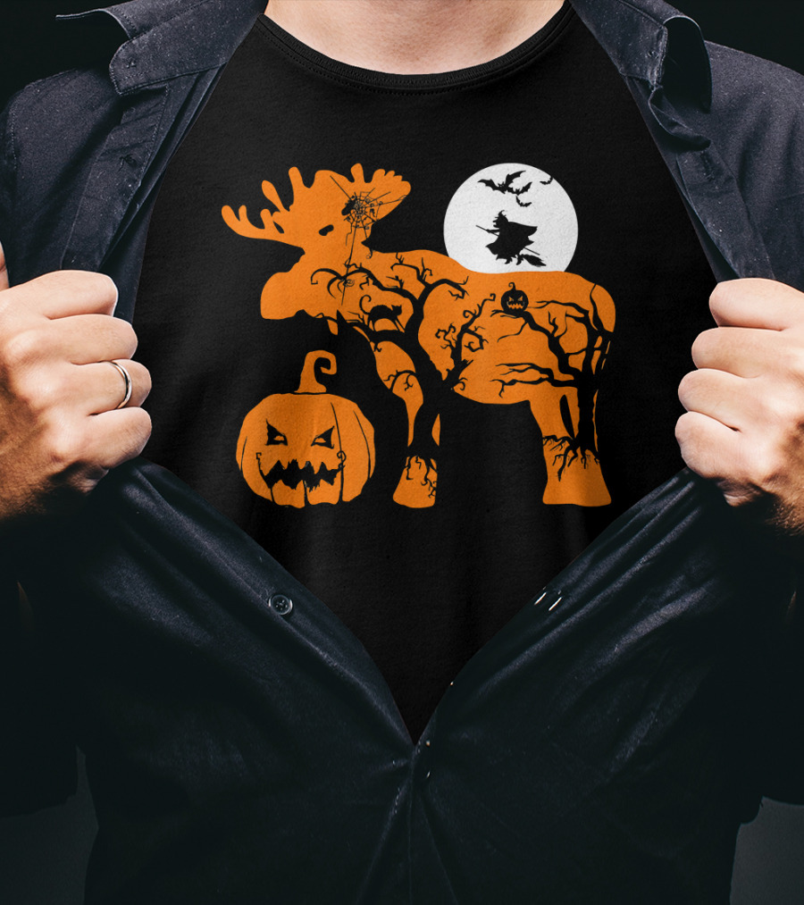 Witch Bat Moon Pumpkin Moose With Spider Web T-Shirt
