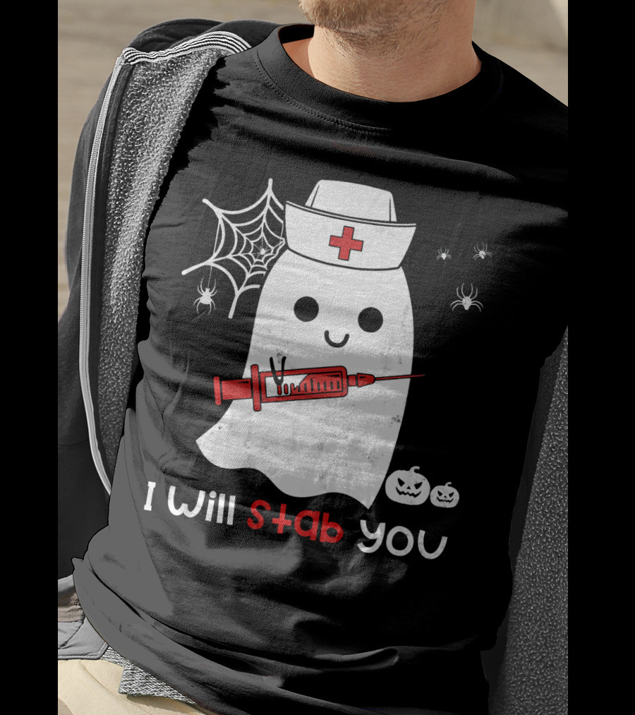 Nurse Ghost I Will Stab You Halloween Spiders Pumpkins T-Shirt
