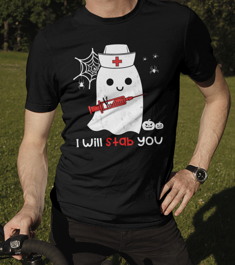 Nurse Ghost I Will Stab You Halloween Spiders Pumpkins T-Shirt