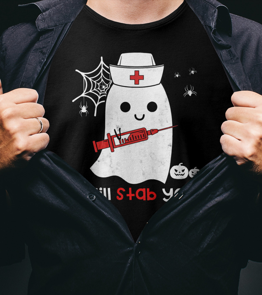 Nurse Ghost I Will Stab You Halloween Spiders Pumpkins T-Shirt