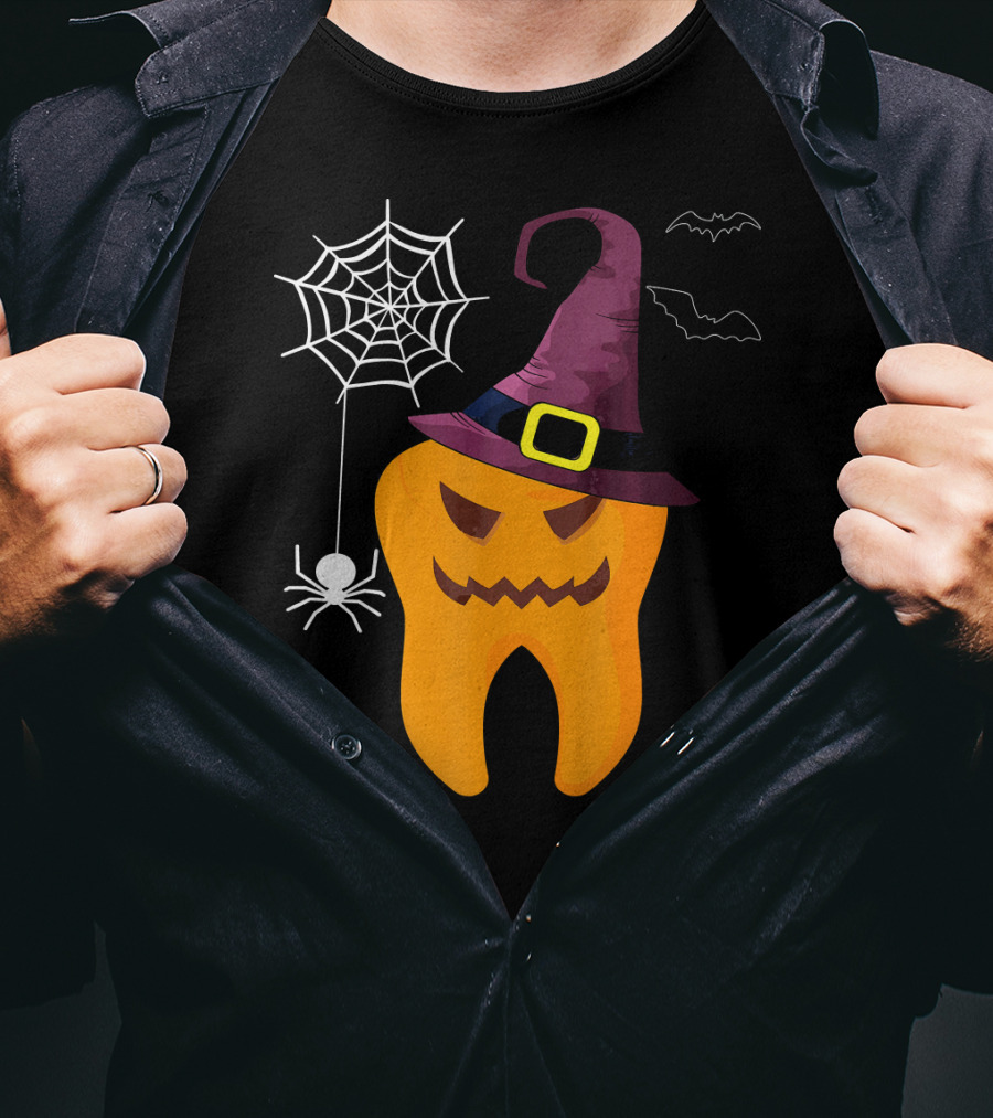 Halloween Dental Witch Dentist Tooth With Spider And Hat T-Shirt