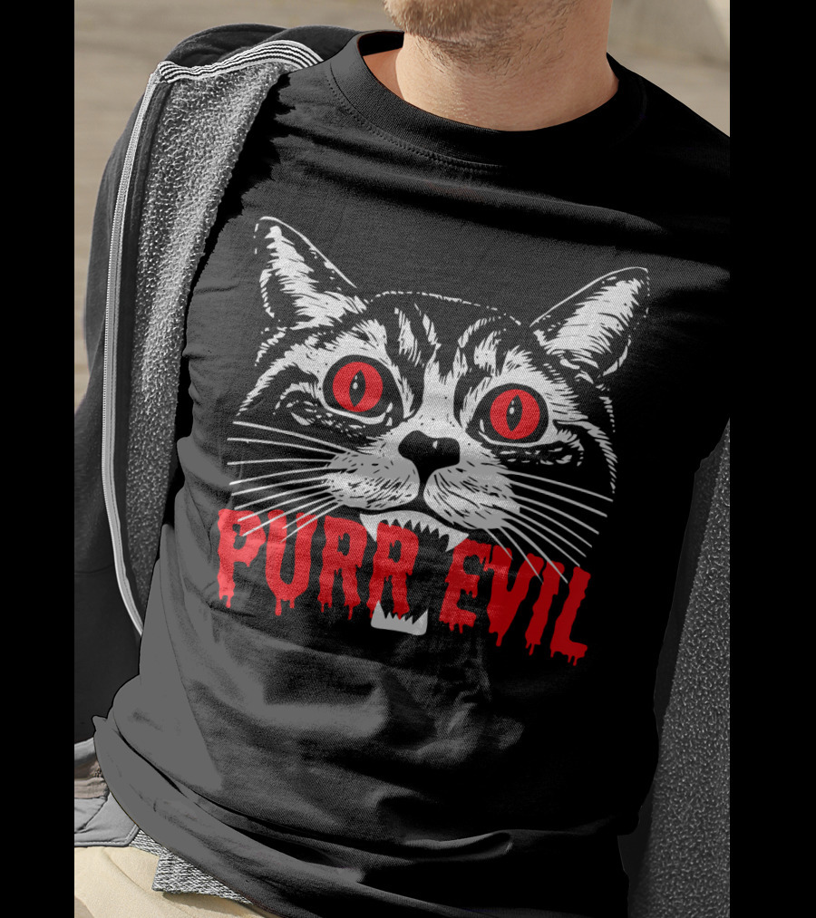 Purr Evil Satanic Cat Red Eyes Halloween T-Shirt