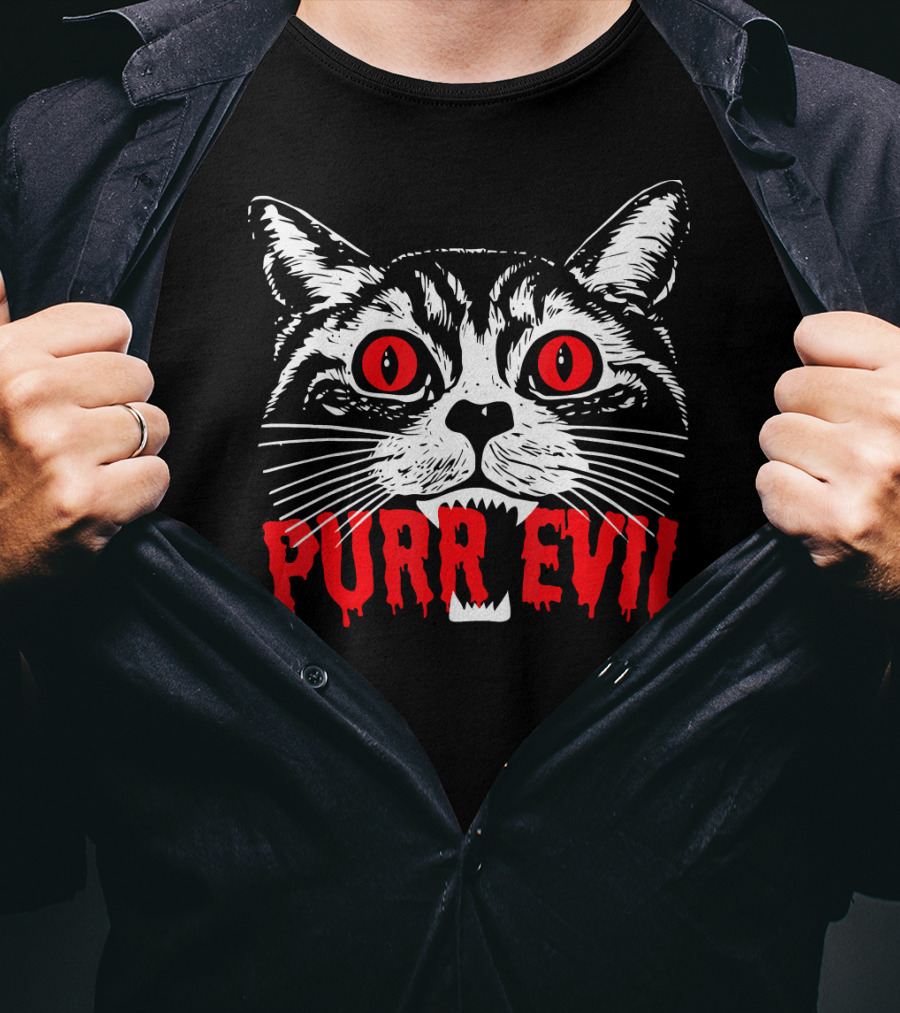 Purr Evil Satanic Cat Red Eyes Halloween T-Shirt