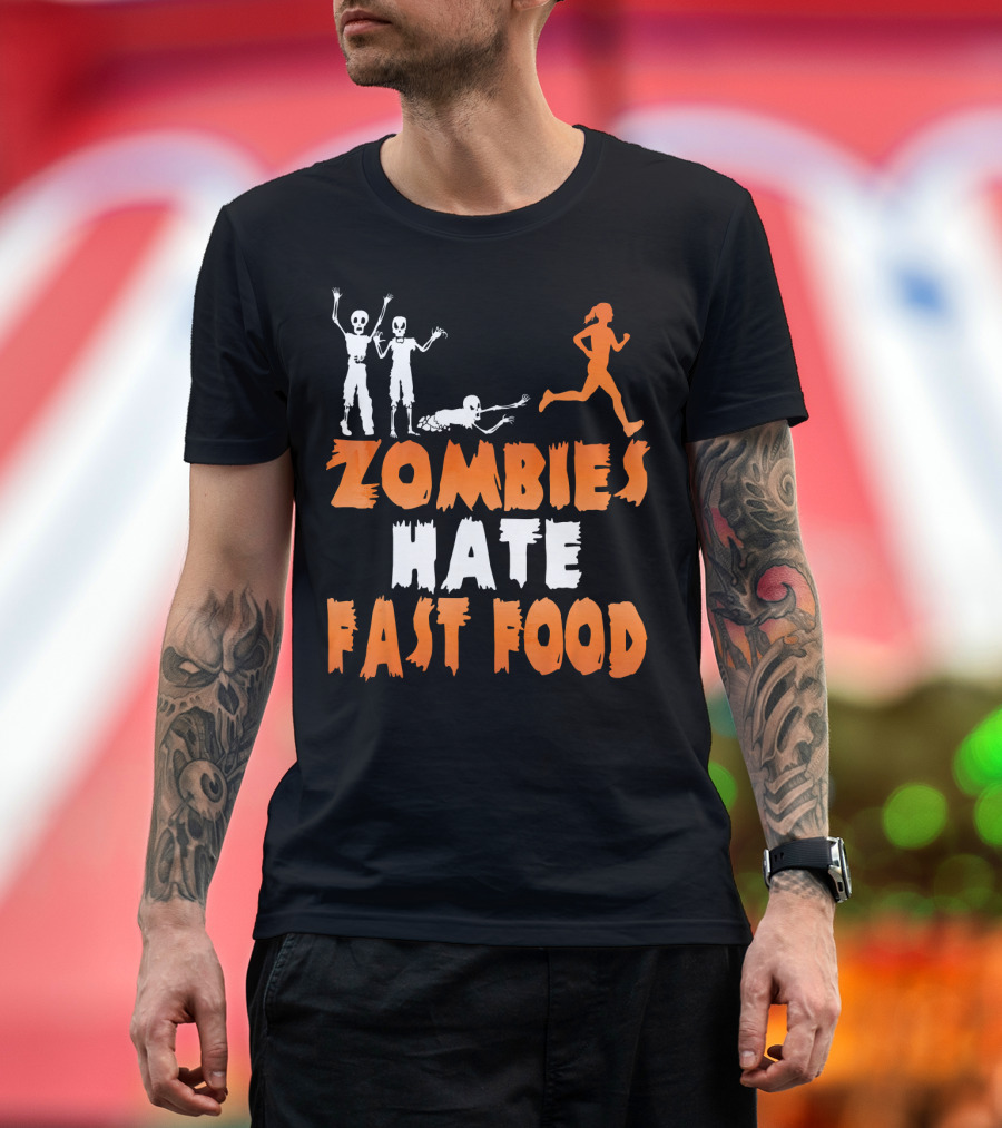 Zombies Hate Fast Food Skeletons Chasing Runner T-Shirt