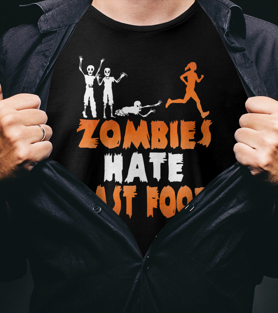 Zombies Hate Fast Food Skeletons Chasing Runner T-Shirt
